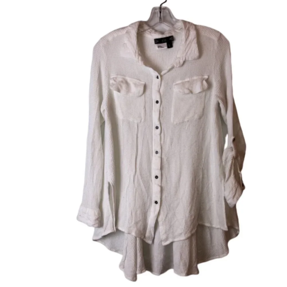 Tru Luxe Women's Large Button Up Shirt Collared Long Sleeve White Waffle Weave - Picture 10 of 13